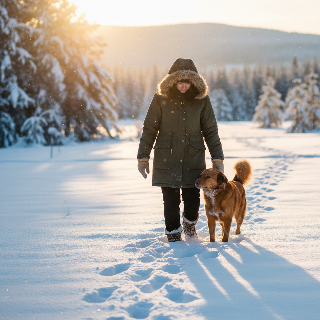 A dog and their owner walking together through a snowy winter landscape