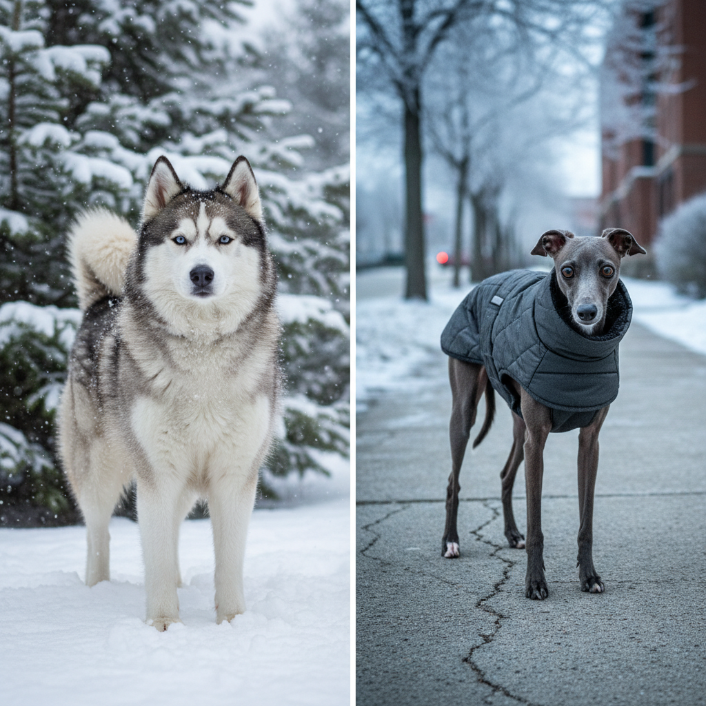 Coat comparison: Husky with dense winter coat vs. Whippet with dog jacket