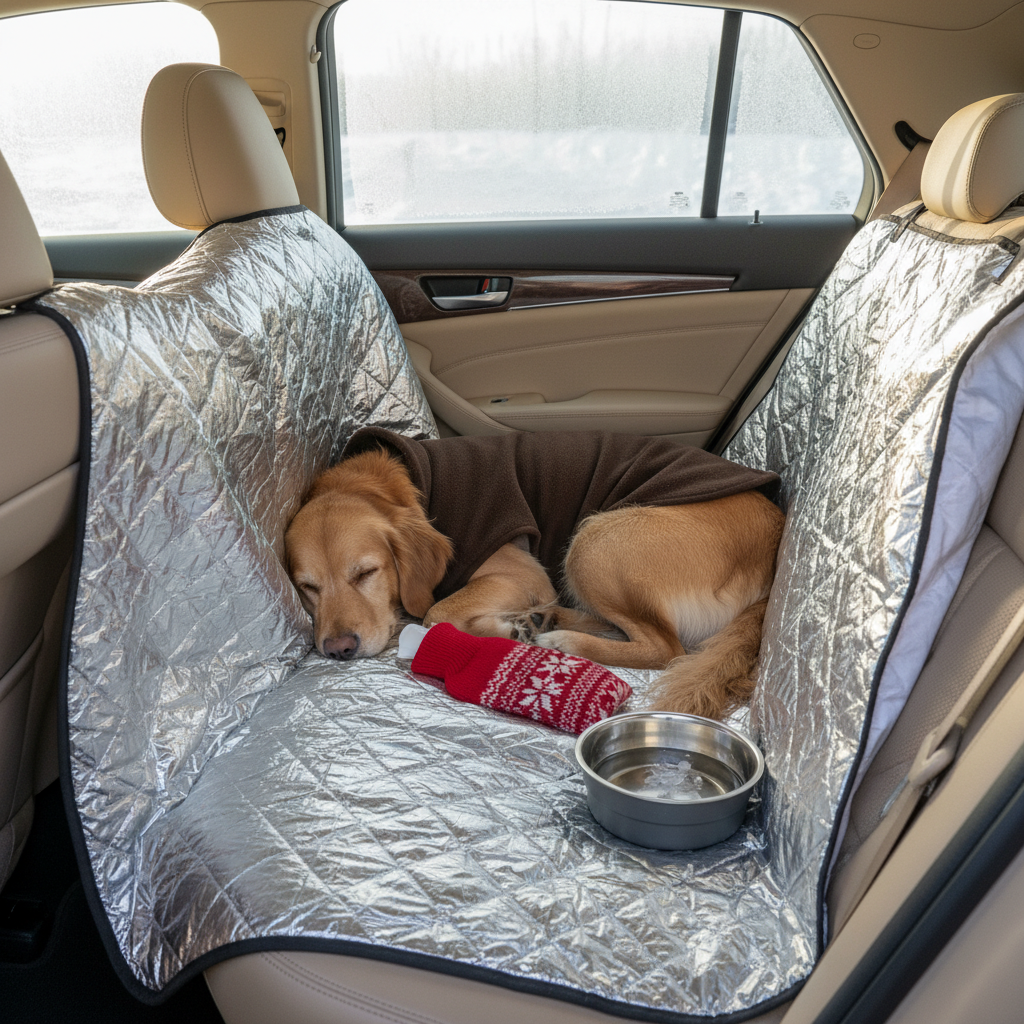Dog on thermal blanket in car with hot water bottle and insulated water bowl