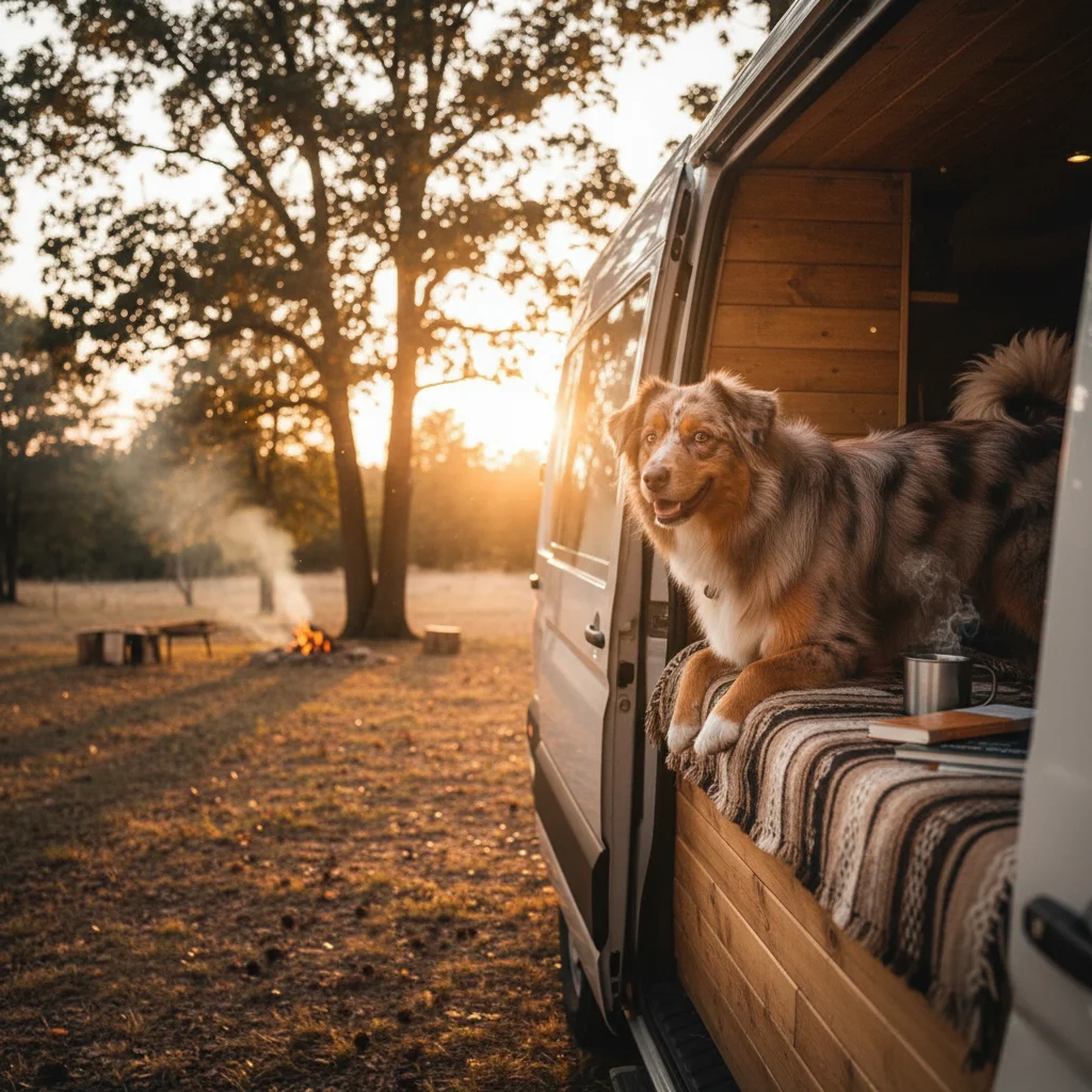 PLACEHOLDER: /public/blog/klimaanlage-vanlife-hund/fazit-hund-van.webp Border Collie happily looking out the rear window of a built-out VW Crafter, golden hour, warm earth tones, evening camping scene