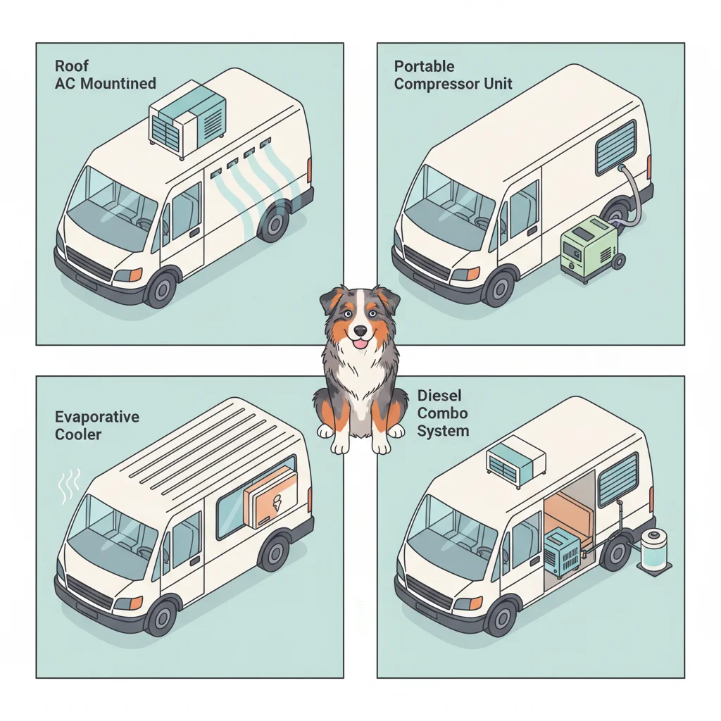 PLACEHOLDER: /public/blog/klimaanlage-vanlife-hund/klimaanlagen-vergleich.webp Clear infographic with four AC types for vans side by side, clean icons, bright background, informative style