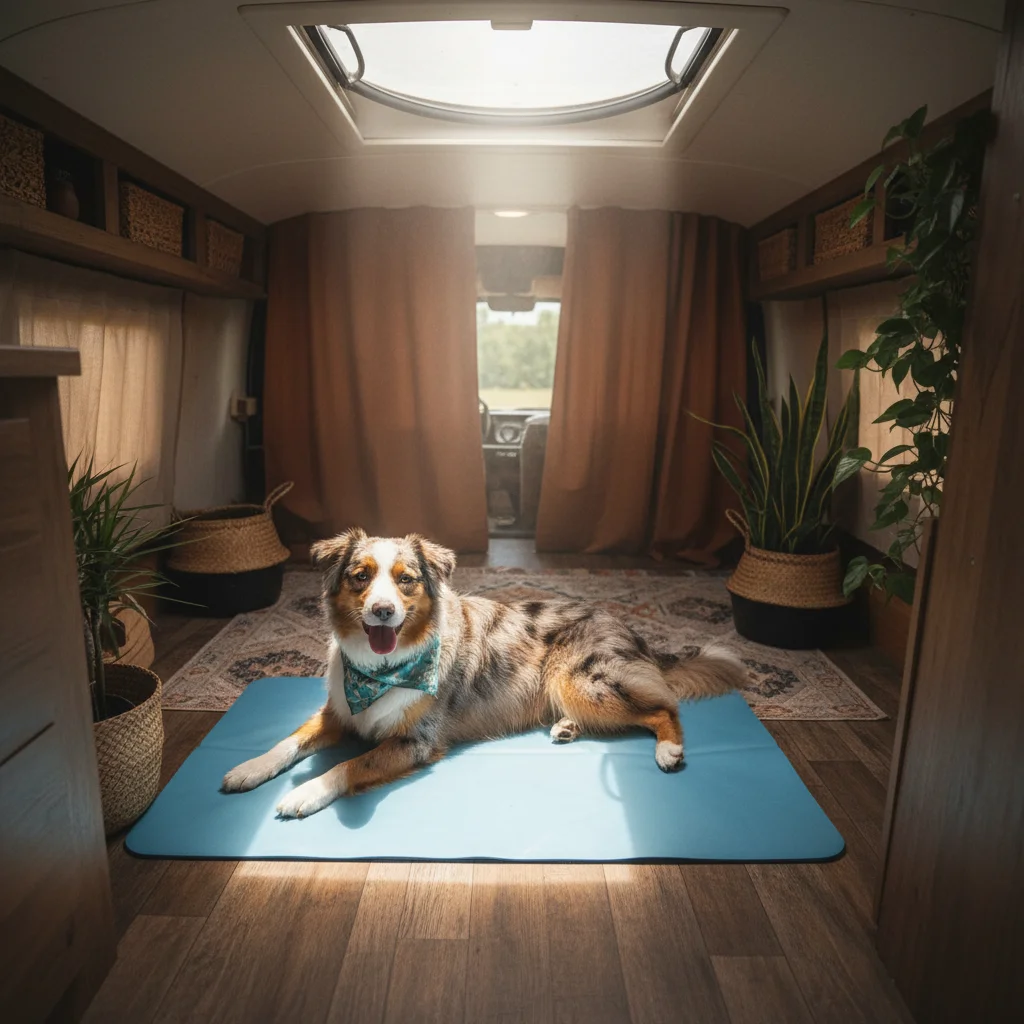 PLACEHOLDER: /public/blog/klimaanlage-vanlife-hund/tipps-ohne-ac.webp Dog lying on a cooling mat in a shaded van, fan in background, relaxed atmosphere, lifestyle photography