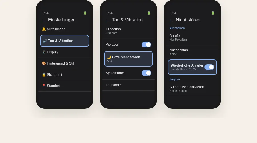 PLACEHOLDER: /public/blog/notfallanruf-smartphone-stumm/android-schritt-fuer-schritt.webp Drei Android-Screens nebeneinander als Schritt-für-Schritt-Anleitung, Nicht-stören-Einstellungen, wiederholte Anrufer aktivieren, minimalistischer Infografik-Stil
