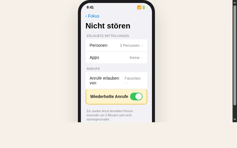 PLACEHOLDER: /public/blog/notfallanruf-smartphone-stumm/ios-einstellung.webp iPhone-Screenshot der Fokus-Einstellungen mit markierter Option Wiederholte Anrufe, sauberer heller Hintergrund, UI-Screenshot-Stil