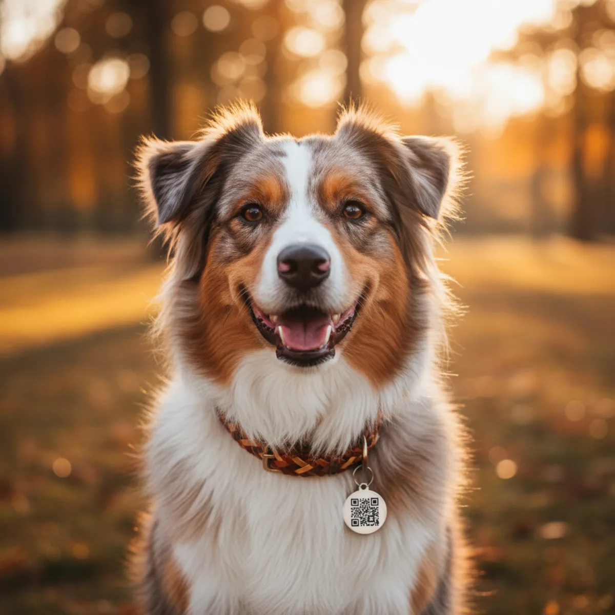 PLACEHOLDER: /public/blog/notfallanruf-smartphone-stumm/qr-code-halsband.webp Nahaufnahme eines Hundehalsband mit QR-Code-Sticker, Hund schaut freundlich in die Kamera, Outdoor-Setting, warme Lichtstimmung, Lifestyle-Fotografie, earth tones